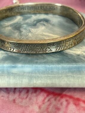 Tiffany & Co. Engraved Sterling Silver Bangle with Subtle Patina Notes or 1837